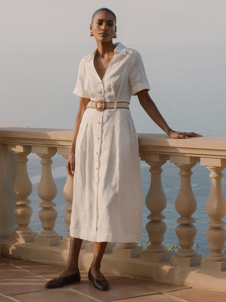 Buy Reiss Ivory Anita Petite Linen Belted Midi Shirt Dress from Next USA