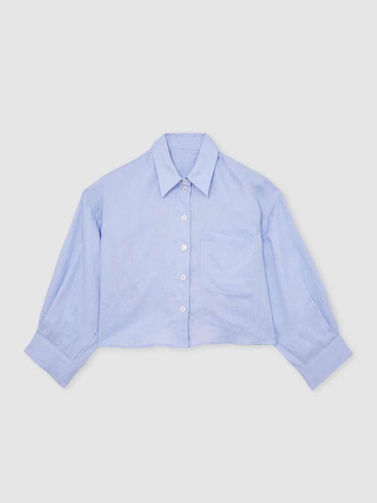 Reiss Blue Solena Linen Oversize Cropped Shirt - Image 1 of 8