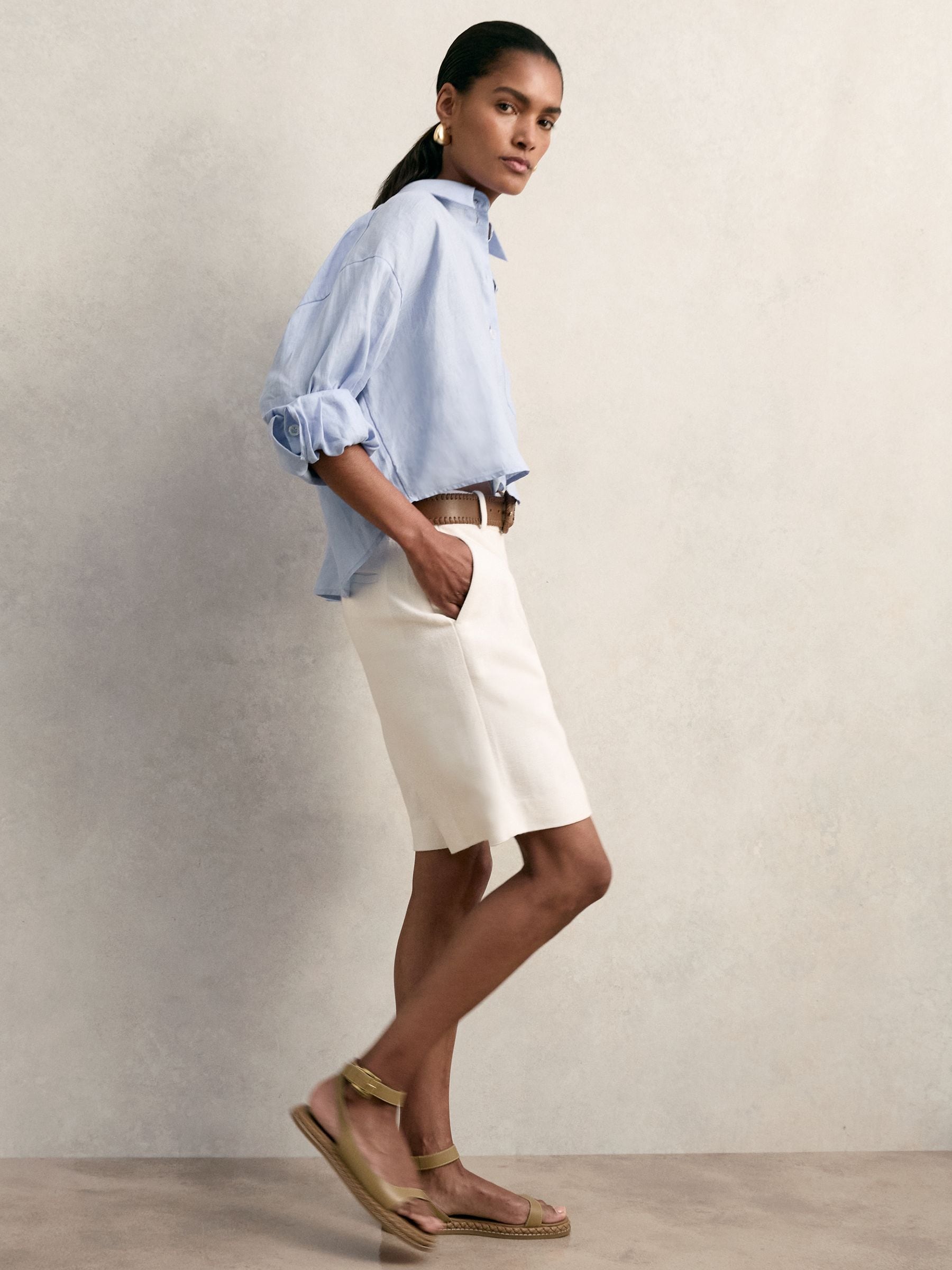 Buy Reiss Blue Solena Linen Oversize Cropped Shirt from Next USA