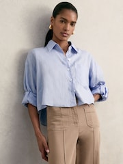 Reiss Blue Solena Linen Oversize Cropped Shirt - Image 4 of 8