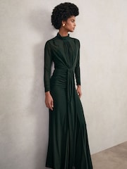 Reiss Dark Green Danni Ruched Long-Sleeve Maxi Dress - Image 1 of 6