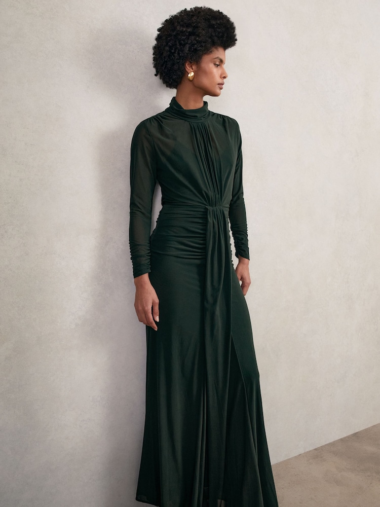 Reiss Dark Green Danni Ruched Long-Sleeve Maxi Dress - Image 1 of 6
