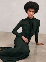 Reiss Dark Green Danni Ruched Long-Sleeve Maxi Dress - Image 4 of 6