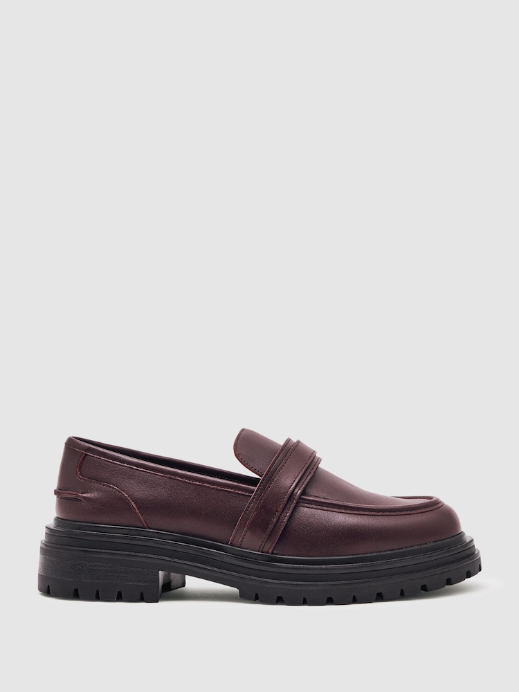 Reiss Burgundy Athena Leather Strap-Detail Lug-Sole Loafers - Image 1 of 5