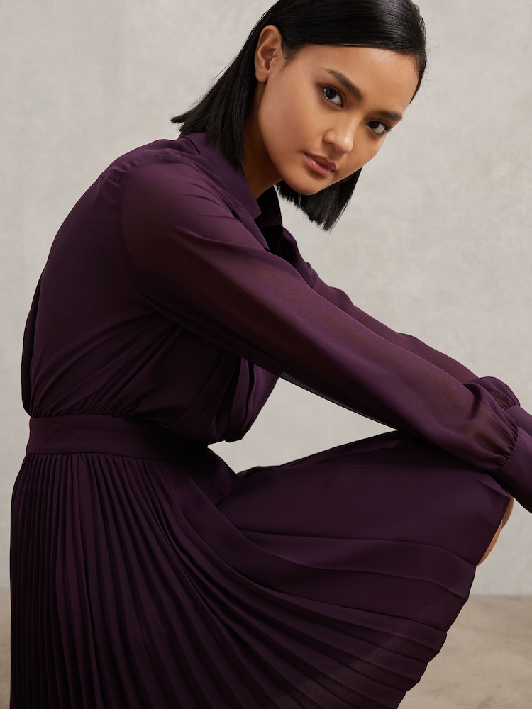 Reiss Burgundy Giselle Pleated Sheer-Sleeve Mini Dress - Image 1 of 7