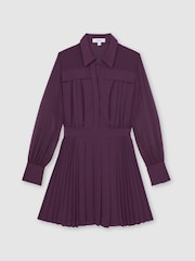 Reiss Burgundy Giselle Pleated Sheer-Sleeve Mini Dress - Image 2 of 7