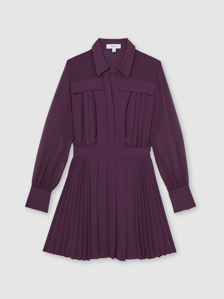 Reiss Burgundy Giselle Pleated Sheer-Sleeve Mini Dress - Image 2 of 7