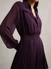 Reiss Burgundy Giselle Pleated Sheer-Sleeve Mini Dress - Image 3 of 7