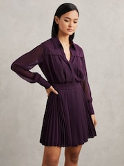 Reiss Burgundy Giselle Pleated Sheer-Sleeve Mini Dress - Image 4 of 7