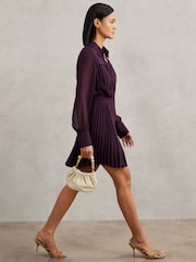 Reiss Burgundy Giselle Pleated Sheer-Sleeve Mini Dress - Image 5 of 7