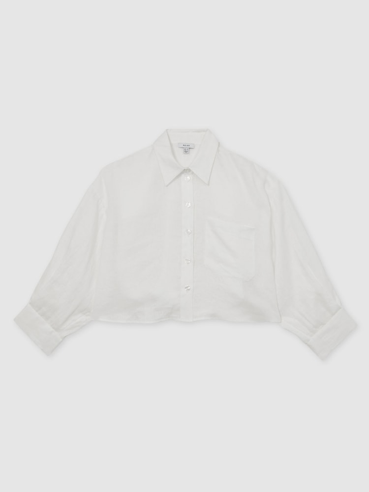 Reiss White Solena Linen Oversize Cropped Shirt - Image 2 of 9