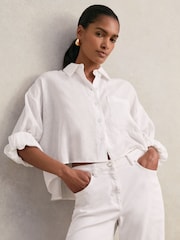 Reiss White Solena Linen Oversize Cropped Shirt - Image 5 of 9