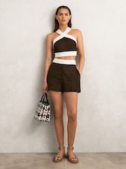 Reiss Chocolate/Cream Rebecca Linen Colourblock Shorts - Image 1 of 6