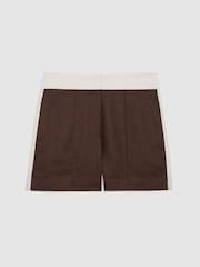 Reiss Chocolate/Cream Rebecca Linen Colourblock Shorts - Image 2 of 6