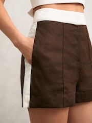 Reiss Chocolate/Cream Rebecca Linen Colourblock Shorts - Image 3 of 6