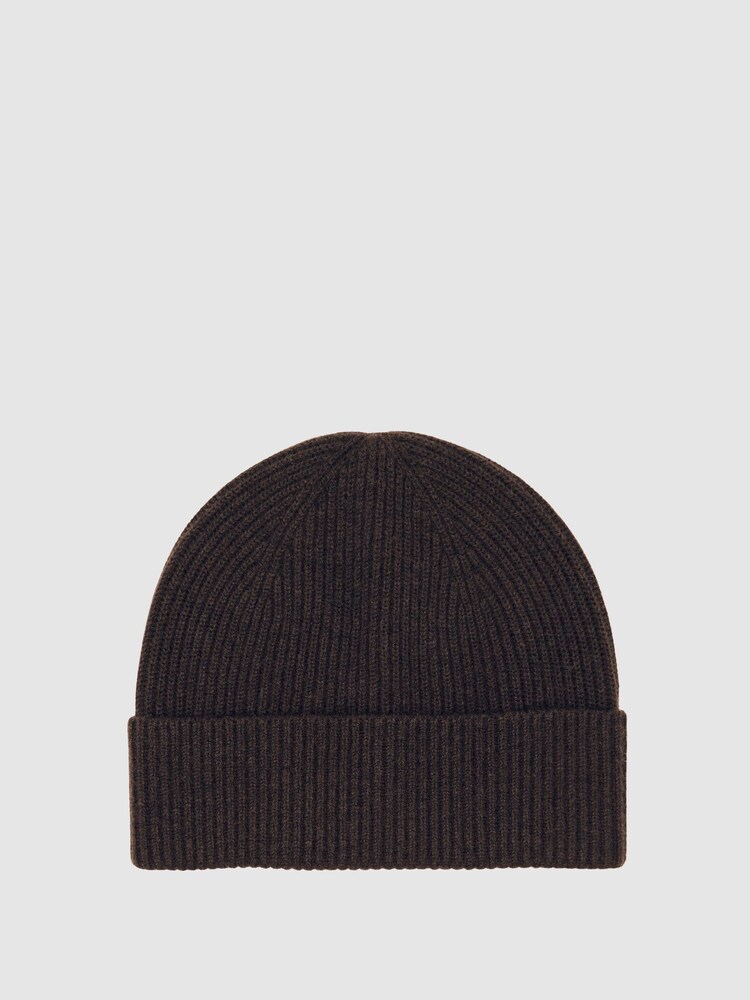 Reiss Chocolate Brown Chaise Merino Wool Rib-Knit Beanie - Image 1 of 4
