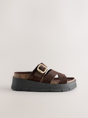 Chocolate Brown Forever Comfort® Leather Strap Buckle Detail Sandals - Image 1 of 4