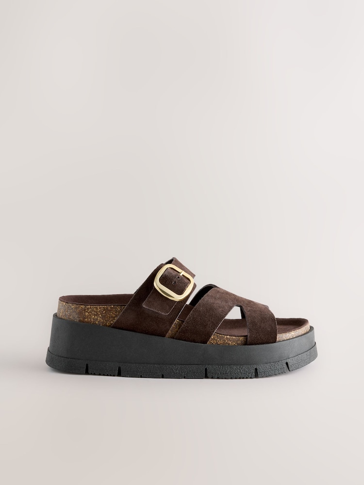 Chocolate Brown Forever Comfort® Leather Strap Buckle Detail Sandals - Image 1 of 4