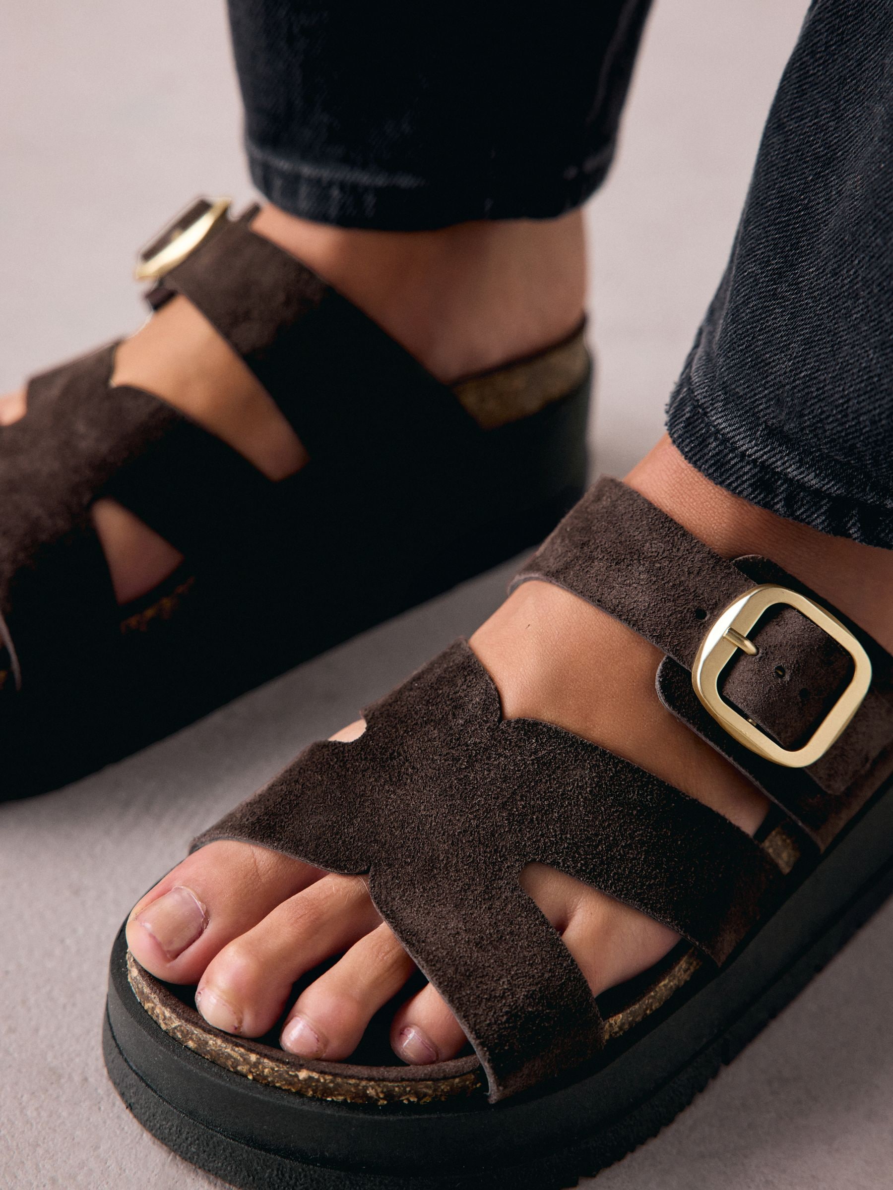 Buy Chocolate Brown Suede Leather Strap Buckle Detail Sandals from