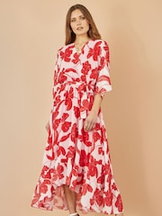 Yumi Red Kimono Sleeves Midi Dip Hem Wrap Midi Dress - Image 1 of 5