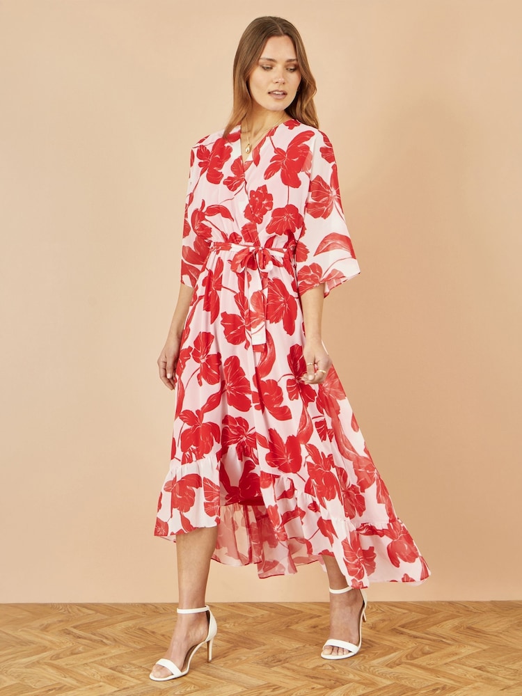 Yumi Red Kimono Sleeves Midi Dip Hem Wrap Midi Dress - Image 2 of 5