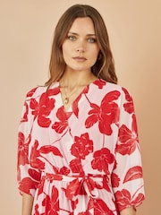 Yumi Red Kimono Sleeves Midi Dip Hem Wrap Midi Dress - Image 3 of 5