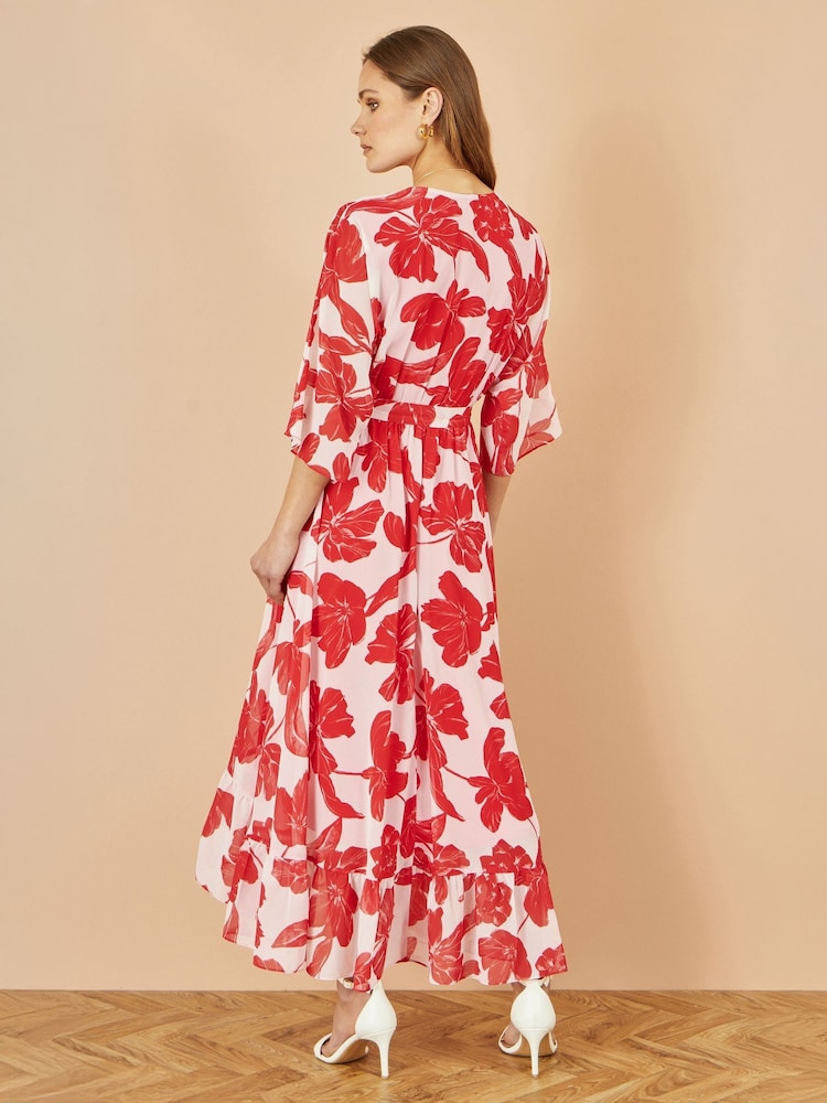 Yumi Red Kimono Sleeves Midi Dip Hem Wrap Midi Dress - Image 5 of 5