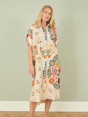 Yumi Cream Folk Print Relaxed 100% Cotton Tunic - Image 1 of 4