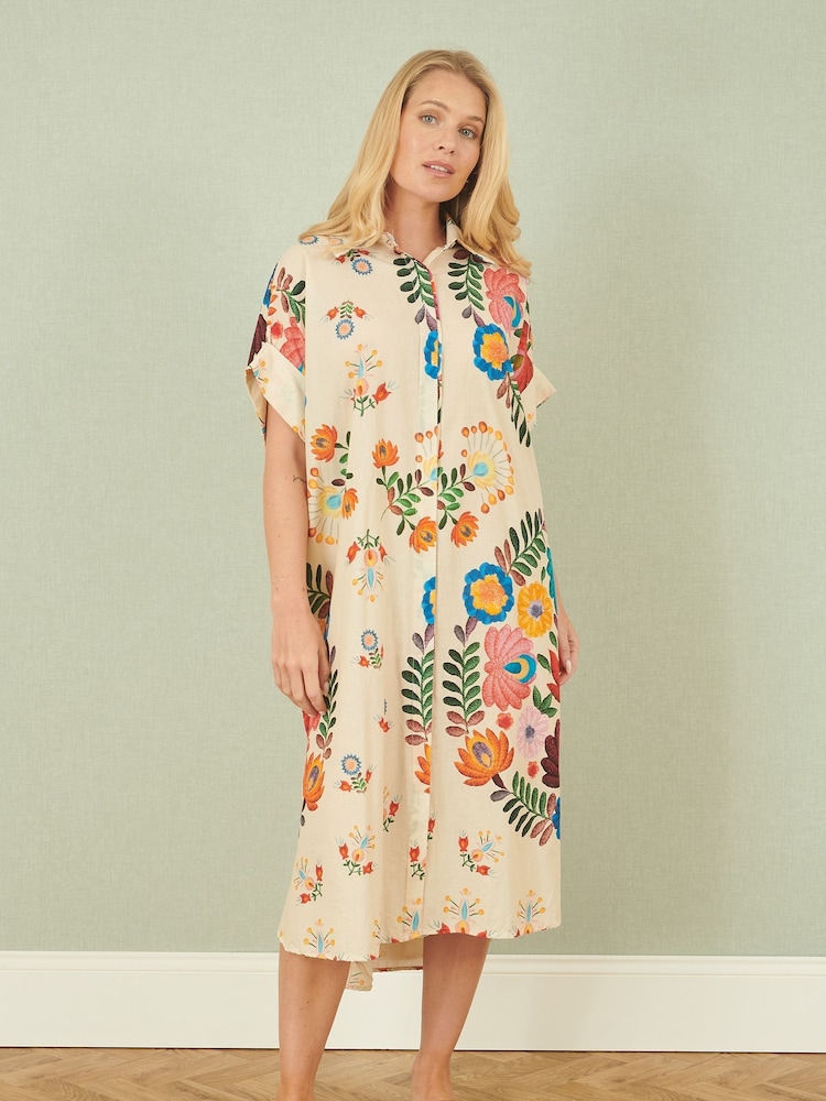 Yumi Cream Folk Print Relaxed 100% Cotton Tunic - Image 1 of 4