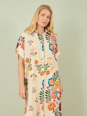 Yumi Cream Folk Print Relaxed 100% Cotton Tunic - Image 2 of 4