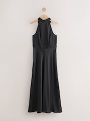 Black Textured Satin Halter Sleeveless Midi Dress - Image 1 of 3