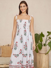 Yumi White Floral Printed Smocked Midi Dress - Image 1 of 5