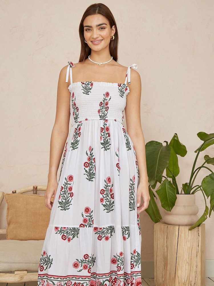 Yumi White Floral Printed Smocked Midi Dress - Image 1 of 5
