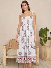 Yumi White Floral Printed Smocked Midi Dress - Image 2 of 5