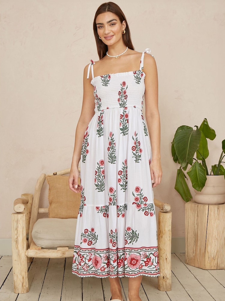 Yumi White Floral Printed Smocked Midi Dress - Image 2 of 5