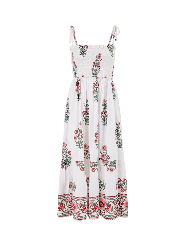 Yumi White Floral Printed Smocked Midi Dress - Image 5 of 5