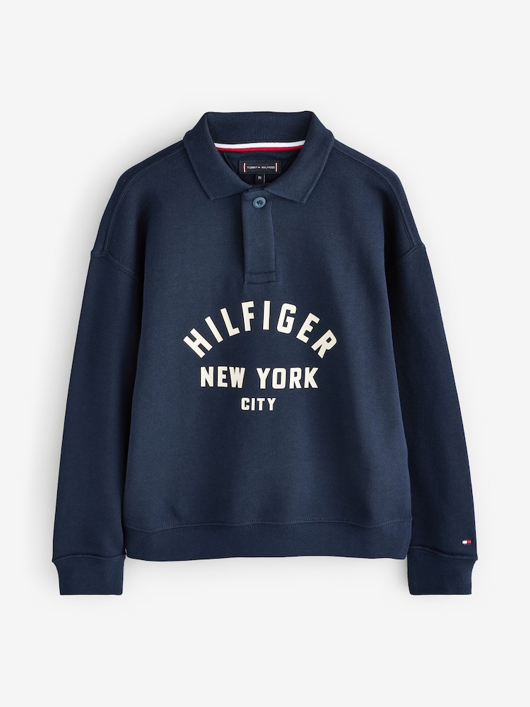 Tommy Hilfiger Blue Curved Graphic Polo Collar Sweatshirt - Image 5 of 5