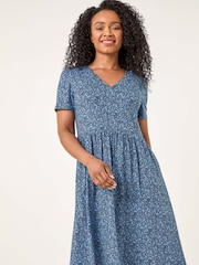 Roman Blue Petite Ditsy Floral Print Pocket Midi Dress - Image 1 of 5