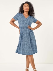 Roman Blue Petite Ditsy Floral Print Pocket Midi Dress - Image 2 of 5