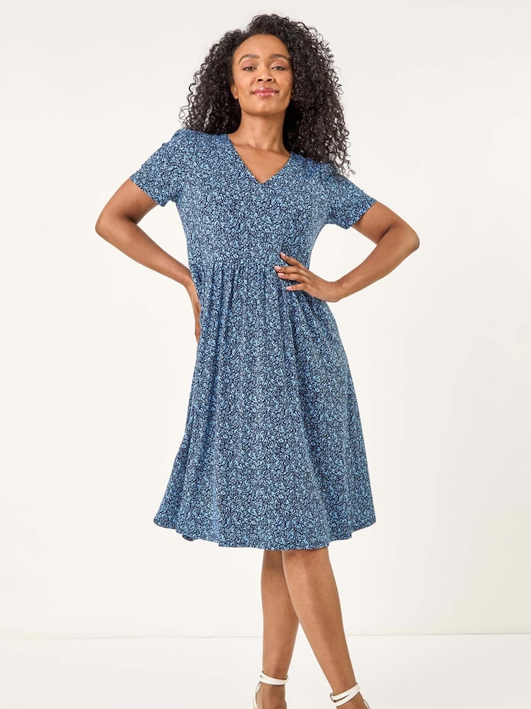 Roman Blue Petite Ditsy Floral Print Pocket Midi Dress - Image 2 of 5