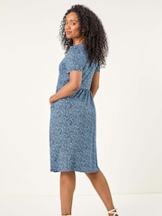 Roman Blue Petite Ditsy Floral Print Pocket Midi Dress - Image 3 of 5