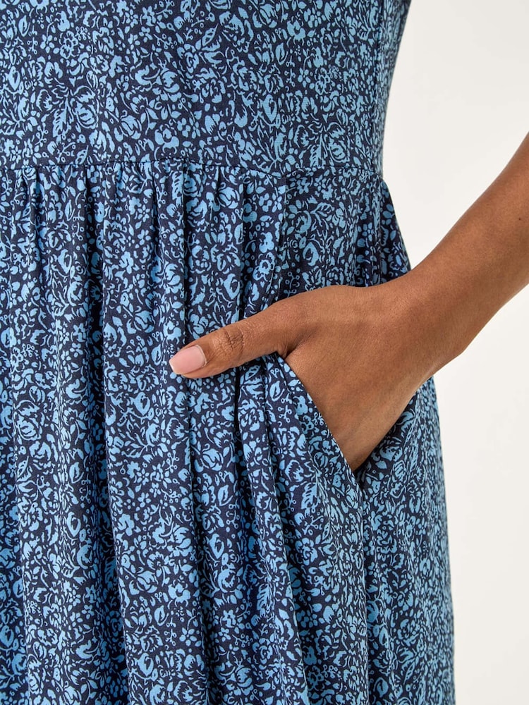 Roman Blue Petite Ditsy Floral Print Pocket Midi Dress - Image 5 of 5