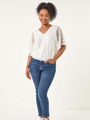 Roman White Petite Mesh V-Neck Blouson Blouse - Image 2 of 5