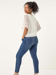 Roman White Petite Mesh V-Neck Blouson Blouse - Image 3 of 5