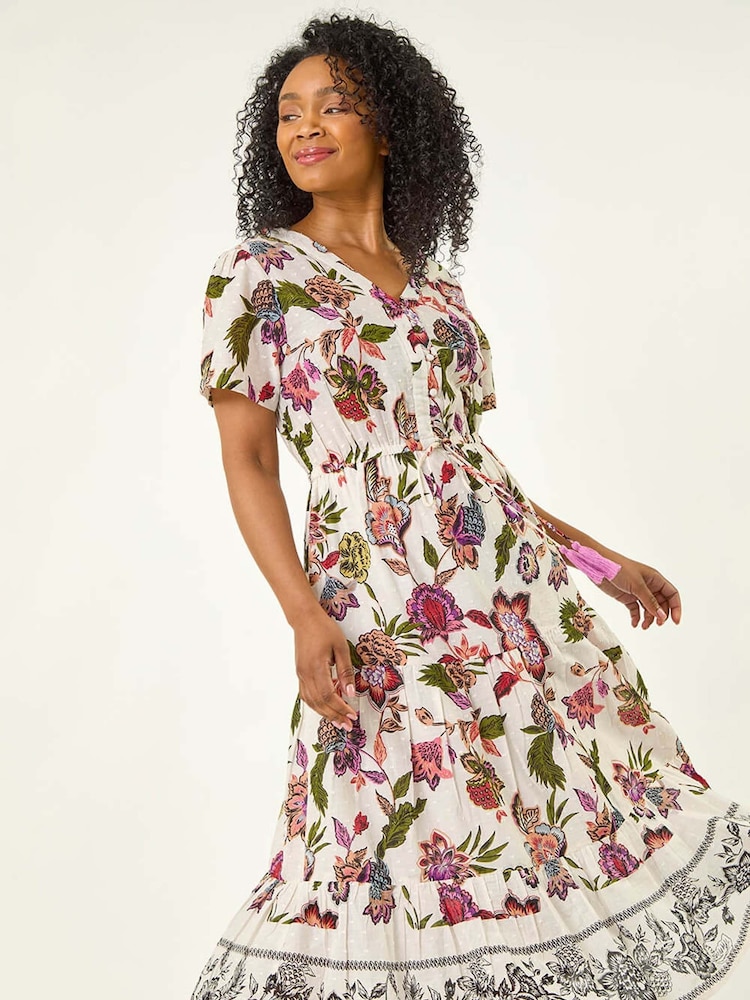 Roman White Petite Floral Print Dobby Print 100% Cotton Midi Dress - Image 1 of 5