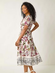 Roman White Petite Floral Print Dobby Print 100% Cotton Midi Dress - Image 3 of 5