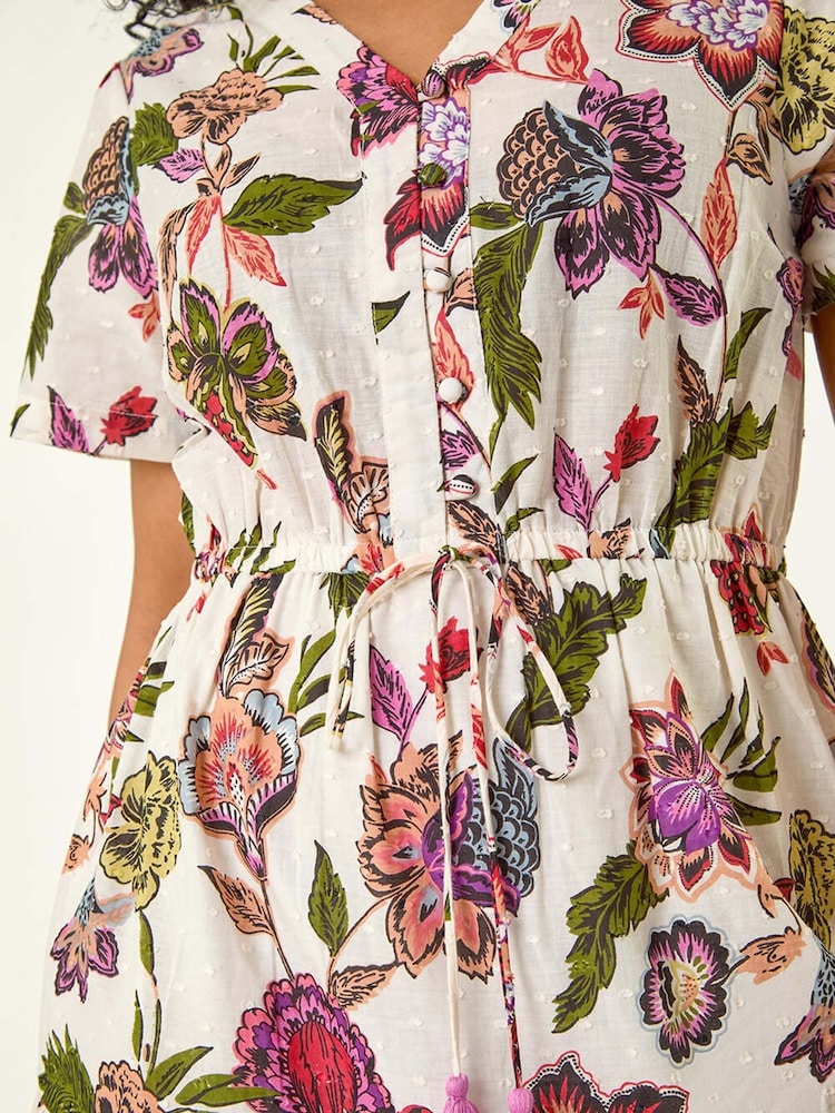 Roman White Petite Floral Print Dobby Print 100% Cotton Midi Dress - Image 5 of 5