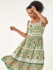 Roman Green Petite Abstract Frill Ric Rac Midi Dress - Image 1 of 5