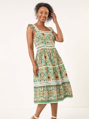 Roman Green Petite Abstract Frill Ric Rac Midi Dress - Image 2 of 5