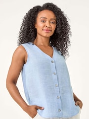 Roman Blue Petite Buttoned Sleeveless Blouse - Image 4 of 5
